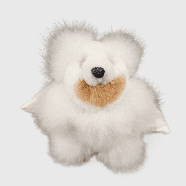 A white teddy bear with brown hair and beard.